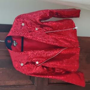 Red sequined moto jacket, size 6